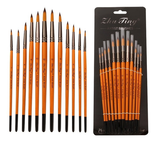 Set Pinceles 12 Piezas Nylon Punta Redonda Para Artes