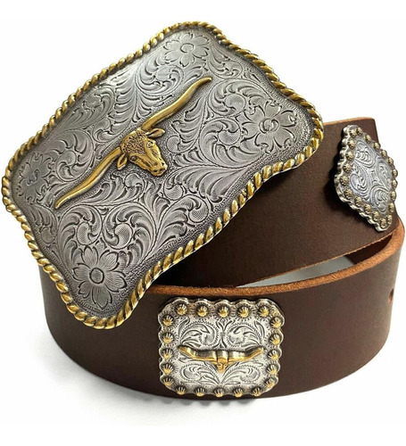 Texas Longhorn Steer Hebilla Con Conchos Western Full Grain