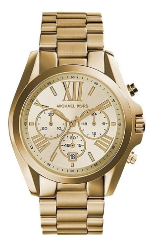 Reloj pulsera Michael Kors Bradshaw MK5605 de cuerpo color oro, analógico, para mujer, fondo oro, con correa de acero inoxidable color oro, agujas color oro, dial oro, subesferas color oro, minutero/segundero negro, bisel color oro y desplegable