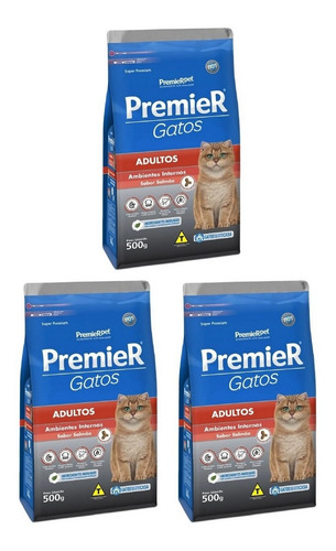 Kit 3un. Ração Gato Adulto Ambiente Int. Salmão 500g Premier