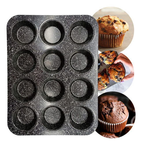 Molde Muffins X12 Teflón Antihaderente Capa Cerámica Premium Color Negro