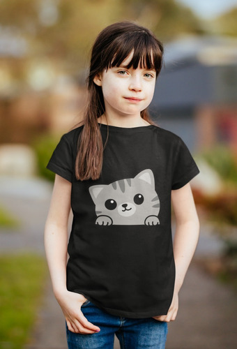 Polera Niña Gatito Lindo Gris Patas Estampada Algodon