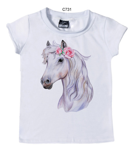 Imagem 1 de 2 de Blusa Feminina Infantil Cavalo Rosas Branco Country Tshirt