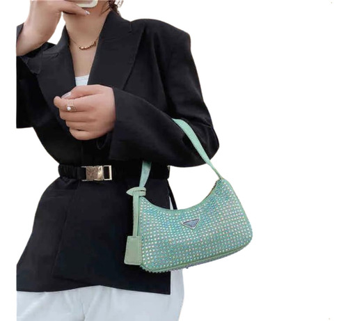 Cartera De Mujer Mini Bag Noche Axilar Mano Piedras Strass Acabado De Los Herrajes Níquel Color Verde Claro Diseño De La Tela Lisa