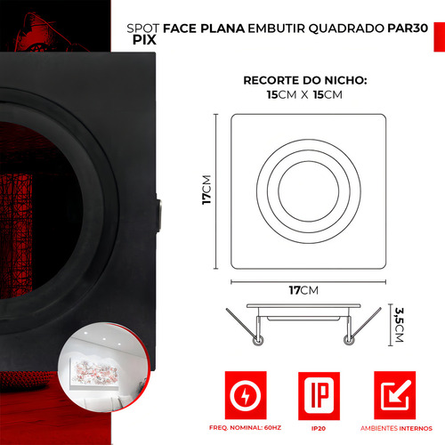 Spot Embutir Quadrado Face Plana Par30 E27 Biv Pr Cor Preto 127/220V