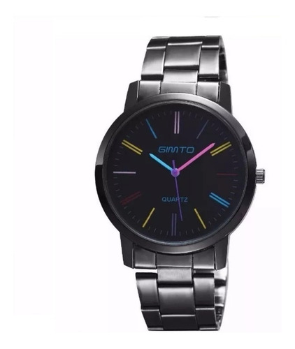 Relógio Feminino Aço Metal Cromado Preto Colorido Gimto