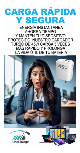 Cargador Carga Rápida Celular 45w Usb Usb C Cabezal Blanco