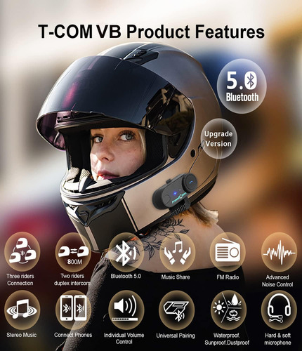 Intercomunicador Bluetooth Casco, T-comvb 800m, Auricul...
