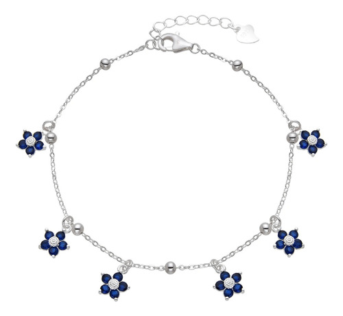 Pulsera Flores Piedritas Plata 925 Mujer Regalo Azul 21 Cm
