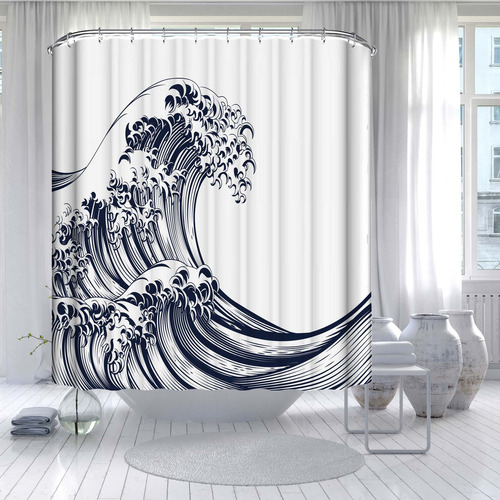 Cortinas De Baño Impermeables, Ola Japón, 180 X 180 Cm