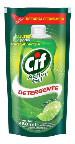 Imagen 2 de 4 de Detergente Cif Concentrado Active Gel Limon Verde Dp X 450ml