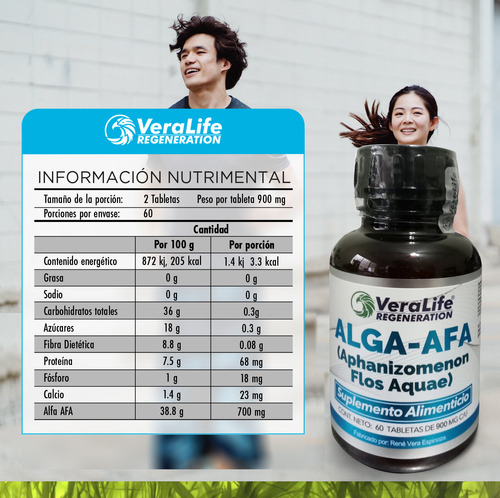 Afa Alga - 60 comprimidos de 900 mg - Multivitamínico - Sabor sem sabor Veralife
