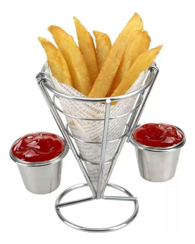 Petisqueira Cone Com Molheira Porta Batata Frita Inox