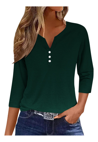 Camiseta O Para Mujer, Manga 3/4, Blusa Con Botones Y Cuello