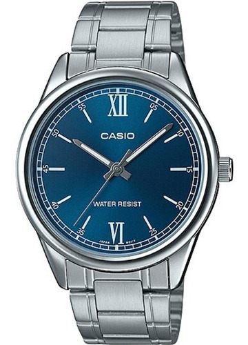 Reloj Casio Mtpv005 Hombre Acero Azul Blanco Full Correa Plateado Bisel Plateado Fondo MTP-V005D-2B2