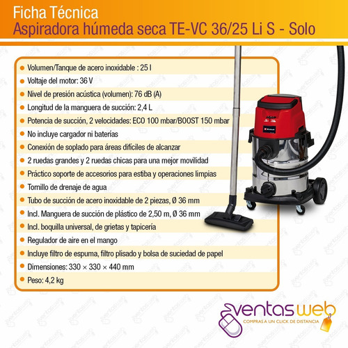 Imagen 9 de 10 de Aspiradora Industrial Inalámbrica Einhell 25 Lt 150mbar Sola