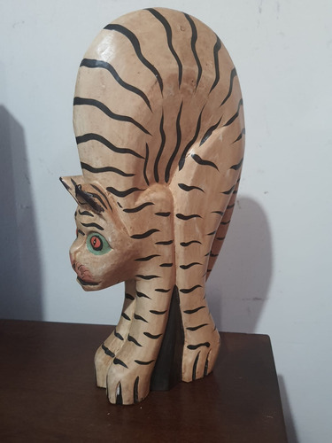 Figura Gato Africano De Ghana Talla En Madera De Colección 