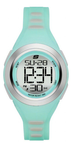 Reloj pulsera Skechers Deportivo SR2016 de cuerpo color verde agua, digital, para mujer, con correa de silicona color verde agua, dial negro, minutero/segundero negro, bisel color gris