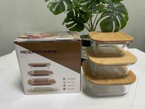 Contenedores Hermetico De Vidrio Con Tapa De Bambu Tres Tarros Cuadrados Para Despensa Wakeshome