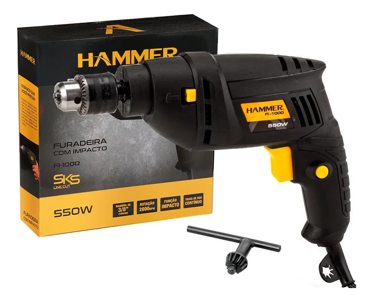 Furadeira de Impacto 3/8 Pol 550W Hammer FI-1000 Preto