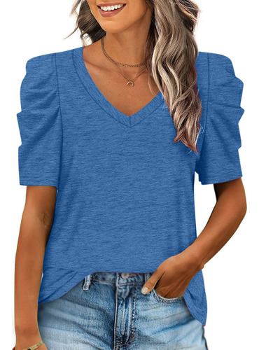 Camiseta Casual C Para Mujer, Cuello En V, Bonita Manga Abul