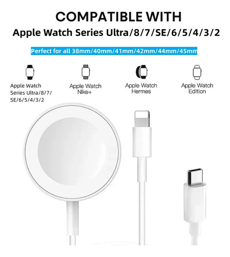 Cable Cargador 2 En 1 Usb Tipo C Para Iphone Apple Watch Blanco