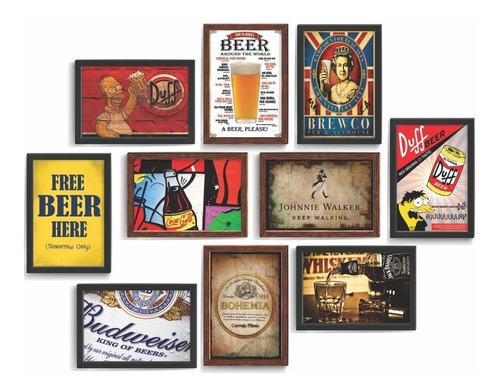 Kit 10 Quadro Decorativo Bebida Cerveja Bar 24x34 C/ Moldura