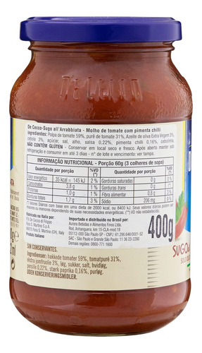 Molho de Tomate com Pimenta Chilli De Cecco sem glúten 400 g
