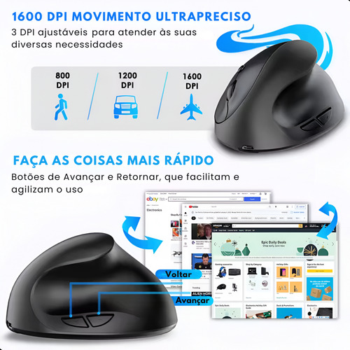 Mouse Sem Fio Vertical Ergonômico Conforto Usb Recarregável