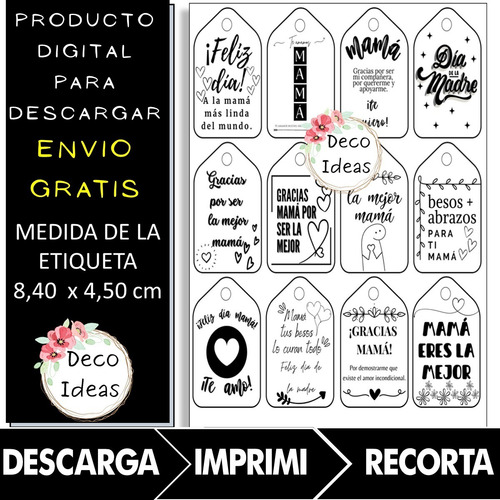 Imagen 4 de 4 de Tarjetas Dia De La Madre Imprimible Pdf Bn 01 Tags Etiquetas
