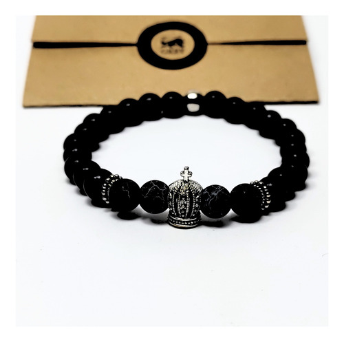 Pulsera De Hombre Negra Con Piedra Vena De Dragón + Corona