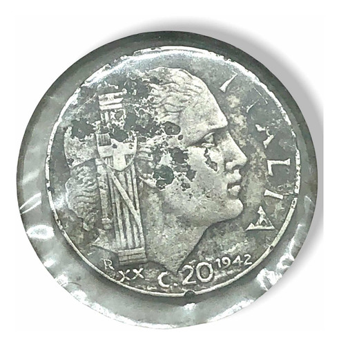 Moneda Antigua De Italia De 20 Centésimos Del Año 1942 Wwii (Usado)