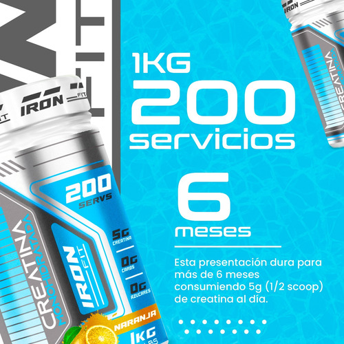 Creatina Monohidratada Iron Fit 1kg Sabores 200 Servicios Naranja