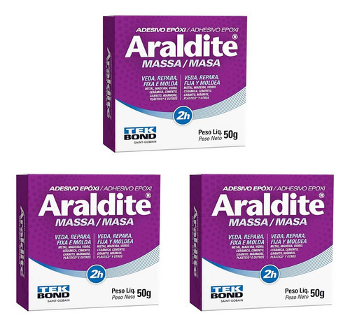 Kit 3 Adesivos Cola Araldite Epóxi Massa Tekbond 50g Cor Cinza