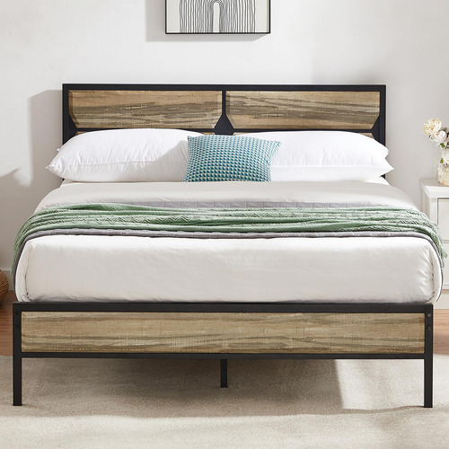 Base De Cama Matrimonial Con Cabecera De Madera Y Soporte Gr