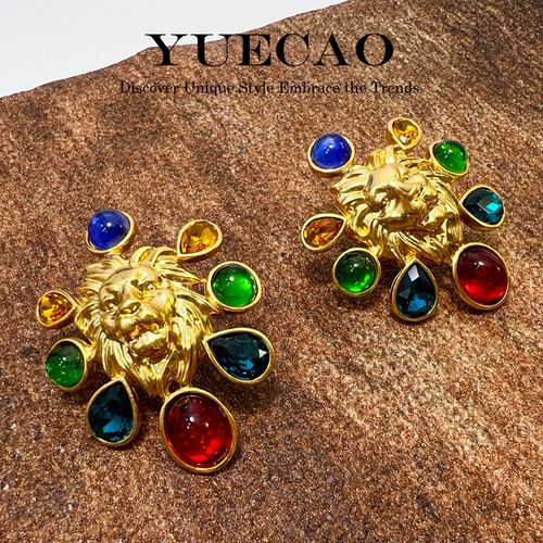 Aretes Retro Originales 18k Cabeza De León Estilo Cool