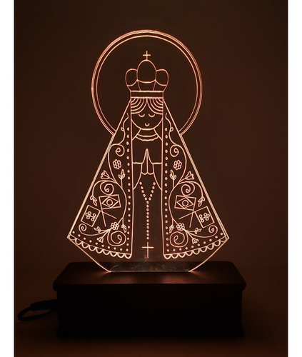 Luminária 3d Avelar Imagem Miniatura Nossa Senhora Aparecida Cúpula 16 Cores Estrutura Preto