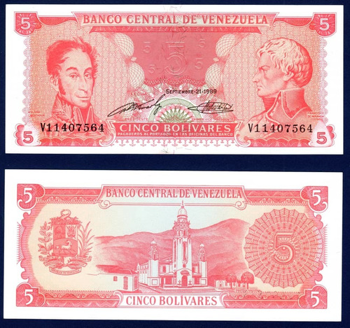 Billete 5 Bolívares V8 Septiembre 21 1989 Bolívar Y Miranda