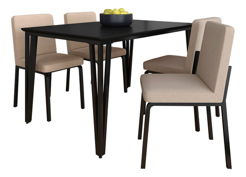 Mesa Com 4 Cadeiras Industrial 1,36 Denver Pt/pt/bg - Ma Cor Preto Fosco/preto/linho Bege