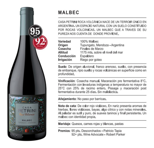 Imagen 4 de 10 de Vino Casa Petrini Malbec Volcanica X 6 Cosecha 2019 Premiada