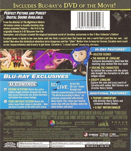Coraline - Bluray+dvd+anteojos 3d - Nuevo Sellado - 2 Discos