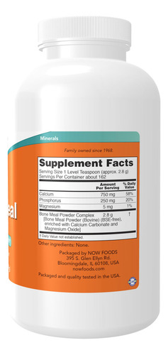 Now Foods Pure Bone Meal Powder, frasco de 16 oz, sem sabor