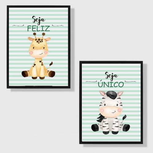 Kit 2 Quadros Infantil Tema Safari Seja 24x18cm Vidro Preta