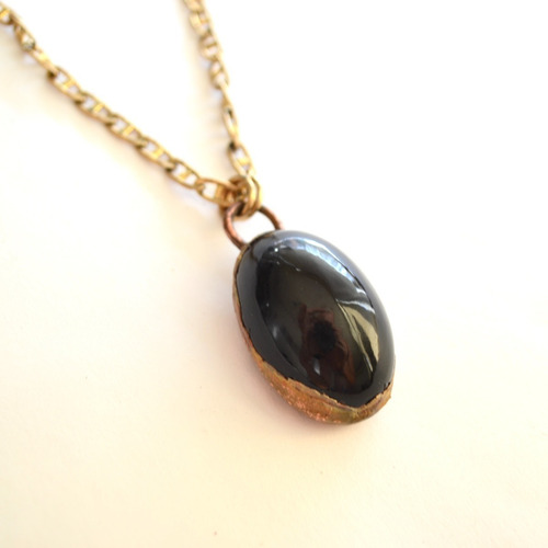 Imagen 2 de 5 de Collar Dije Espejo De Obsidiana Negra, Cadena Bronce, Cod1