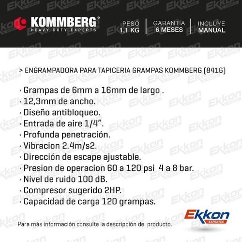 Imagen 2 de 9 de Engrampadora Neumatica Kommberg Para Tapiceria 6-16 Mm