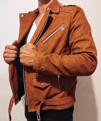 Chamarra Biker De Piel Nubuck Para Hombre Chaqueta Caf Slim