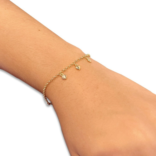 Pulseira Portuguesa Em Ouro 18k Com Corações Elo Português Comprimento 19 Cm Cor Amarelo