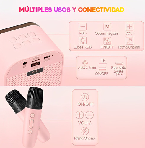 Parlante Portátil Led Rgb Bluetooth Karaoke 2 Micrófonos Rosa