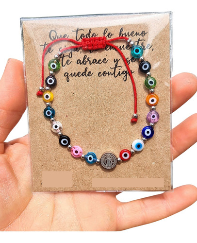 Pulsera Hilo Rojo Ojos Turcos Medalla San Benito Acero Inox