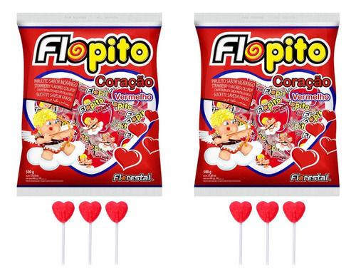 Pirulito Flopito Coração Morango Kit 2 Pacote 500g Florestal